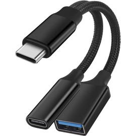 GELRHONR USB C OTG Charging Adapter, 2 in 1 USB-C Splitter with 10W Charging Type C OTG and USB A Female Port,USB C Short Extension Cable,for Most Type-C Phones,USB Fan,Printer (Black)