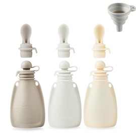 PandaEar 3 Pack Silicone Baby Food Pouches, Reusable Squeeze Pouches for Toddler Kids with 3 Silicone Puree Feeder Spoon, BPA-Free Silicone Refillable Baby Food Storage, 5.5 oz