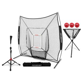 PowerNet 7x7 DLX Practice Net + Deluxe Tee + Ball Caddy + 3 Pack Progressive Weighted Ball + Strike Zone Bundle (Black) | Baseball Softball Coach Pack | Pitching Batting Training Equipment Set
