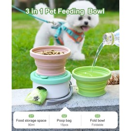 3 in 1 Collapsible Dog Bowl Dog Treat Container Dog Poop Bag Holder with 1 Roll Poop Bags – Practical Silicone Dog Bowl Dog – Durable Pet Bowls for Travel Essentials, Daily Walks (Violet)