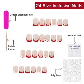 Valentines Press on Nails Short Square SWEKKE French Tip Fake Nails Red & White False Nails with Heart Designs Full Cover Glossy Glue on Nails Elegant Stick on Nails for Women Girls 24 Pcs