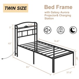 XXF Twin Size Metal Bed Frame for Kids,18IN No Box Spring Needed, Storage Rack with Charging Station & Northern Galaxy Light Aurora Projector, Noise-Free