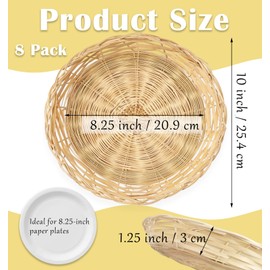Cheardia 8 Pack Bamboo Paper Plate Holders, 10 Inches Reusable Wicker Plate Holders for Dinner Plates Natural Hand Woven Wicker Paper Plate Baskets for Home Party Daily Dinning Picnic