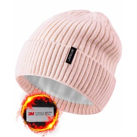 Beanie Hats for Men 30% Merino Wool Knit Hat, Winter Hats for Women Thick Thermal Warm Thinsulate Lined, Beanie for Women Cold Weather Skull Cap Pink