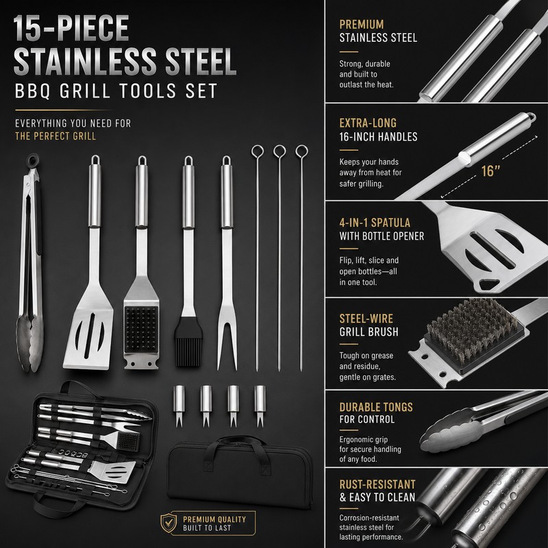 15pcs Stainless Steel BBQ Grill Tool Set for Outdoor Cooking