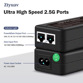 Ztyuav 2.5G PoE+ Injector 30W Non-PoE to PoE Adapter with 2 RJ-45 Ports - 100/1000/2500Mbps, IEEE 802.3af/at Compliant, Plug & Play, Distance Up to 100m (328 ft.), Ideal for IP Phones, IP Camera