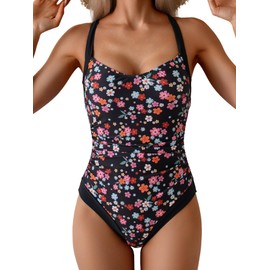 B2prity - Traje de baño de una pieza para mujer, control de abdomen, adelgazante, traje de baño con pliegues cruzados, Estampado floral negro y bloque negro, M