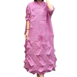 Shangeek Plus Size Dresses for Women Round Neck Half Sleeve Wrinkle-Free One Size Casual Pleated Design Dresses Pink