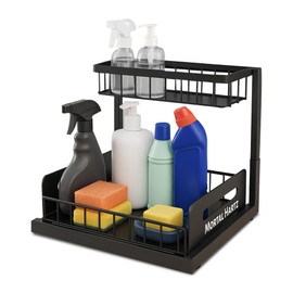 MORTAL HARTZ Under Sink Organizer Rack – 2-Tier Pull-Out Storage Shelf for Kitchen & Bathroom Cabinets – Space-Saving L-Shaped Metal Organizer with Sliding Baskets (Black, 1-Pack)