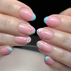 Almond Press on Nails Short Squoval Fake Nails Glossy False Nails with Blue Pink Flowers French Tip Nails Press Designs Acrylic Nails Press on Artificial Nails Stick on Nails for Women Girls 24PCS