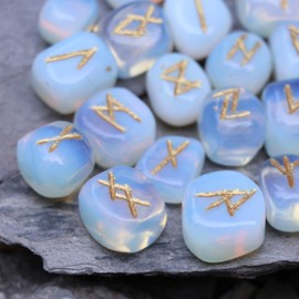 Zaicus Opalite 25 Pcs Rune Stones Set for Crystal Healing Reiki Stone Engraved Stone Kit Divination Symbol Energy Generator Good Luck Tumbled Feng Shui Decor Size 15-20 mm