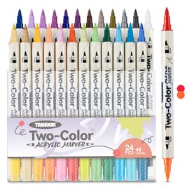 TRANSON 48 Colors Acrylic Paint Marker Set, 24 Pieces of Dual-tip Acrylic Paint Pens with Brush Tips Versatile for Coloring, Acrylic Painting, Rock Painting, DIY, Paint on Most Surfaces