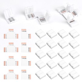 LED Strip Connector, 4 Pin, LED Connector, LED Corner Connector for 10 mm RGB LED Bands, Smd5050, 4 L Shape & 4 T-Shape Connectors, 20 Light Strip Clamps, Connectors for Home, Office, Party Decoration