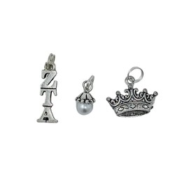 Sorority Greek Zeta Tau Alpha Essential Trio of Charms - lavaliere, 5 pointed crown mascot, white glass pearl dangle