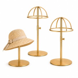 Lorveelo Hat Display Stand 3PCS, Gold Stainless Steel Adjustable Hat Stand 8.6–14.1in, Metal Hat Holder with Stable Non-Slip Base for Cowboy Hats, Wigs, Caps, Boutique Store & Photography Studio