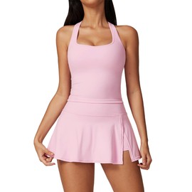 Womens 2 Piece Tennis Skirt Scoop Neck Racer-Back Sports Bra with High Waisted Side Slit Workout Tennis Skorts Athletic Set Yoga Golf Outfits for Women Two Piece Tennis Skirt Sets Pink M