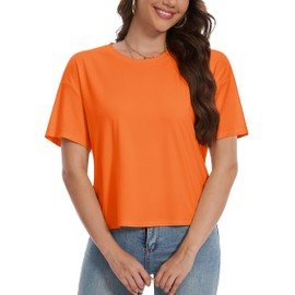 YUCOLEN Woman Crop Tops Summer UPF50+ Cotton Short Sleeve Casual Loose Cropped T-Shirts Drop Shoulder Round Neck Baisc Tees Orange, S