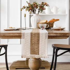 Boho Table Runner Beige Linen Washable Vintage Macrame Table Runner with Tassels for Country House Style Wedding Birthday Festive Home Kitchen Coffee Table Decoration 30 x 275 cm