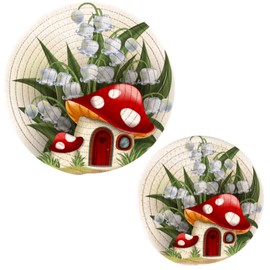 Naanle 2 Pcs Cute Mushroom House Round Woven Pot Holders Trivets Set, Cotton Coasters Placemats for Cooking Baking Hot Dish Pan Pot Bowl Teapot(7&9 Inches Diameter)