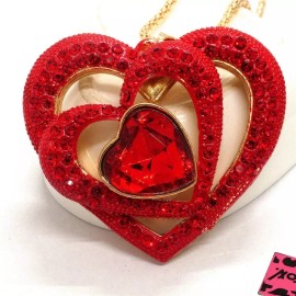 Betsey Johnson Necklace Sweetheart Red Triple Hearts