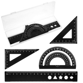 JEYORZY 4 Piece Metal Ruler Set, Set Square Set, Aluminium Alloy Metal Architect Scale Ruler Set, Geometry Set, Protractor Drawing Set, Protractor Measuring Tool for Students (Black)