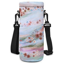 AUPET Water Bottle Bag Carrier,24oz/32oz Insulated Neoprene bottle Sling Holder Case Pouch Cover for 1000ML/750ML Bottles with Shoulder Strap for walking (Watercolor Flowers theme, 1000ML)
