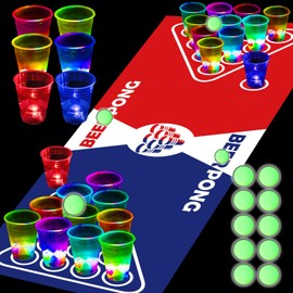 YHFUISK Glowing Pong Table Mat Set Party Beverage Pong Game for Indoor Outdoor Party Event Fun, Pack with Flashing Cups Glow Pongs for House Parties Birthdays Concerts Weddings, 71 x 23inch..