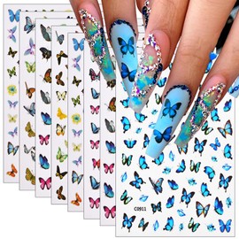 8 Sheets Butterfly Nail Art Stickers 3D Self Adhesive Butterfly Nail Decals Blue Black Gold Butterflies Spring Summer Design Nail Stickers for Women Girls DIY Nail Art Decoration