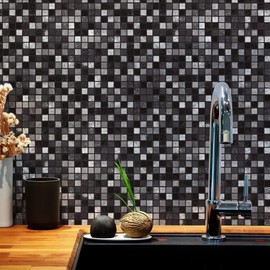 WALPLUS Pack of 24 15 x 15 cm Marquina Metallic Black and White Marble Mosaic Black Aluminium Foil Wall Tiles Stickers Peel and Stick Backsplash Decals Home Decorations Backstand for Kitchen