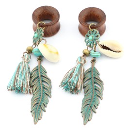 Balala 00G 10mm Verdigris Patina Brass Feather Tassel Shell Wood Dangle Ear Gauges Piercing Flesh Tunnels Plugs Statement Earrings