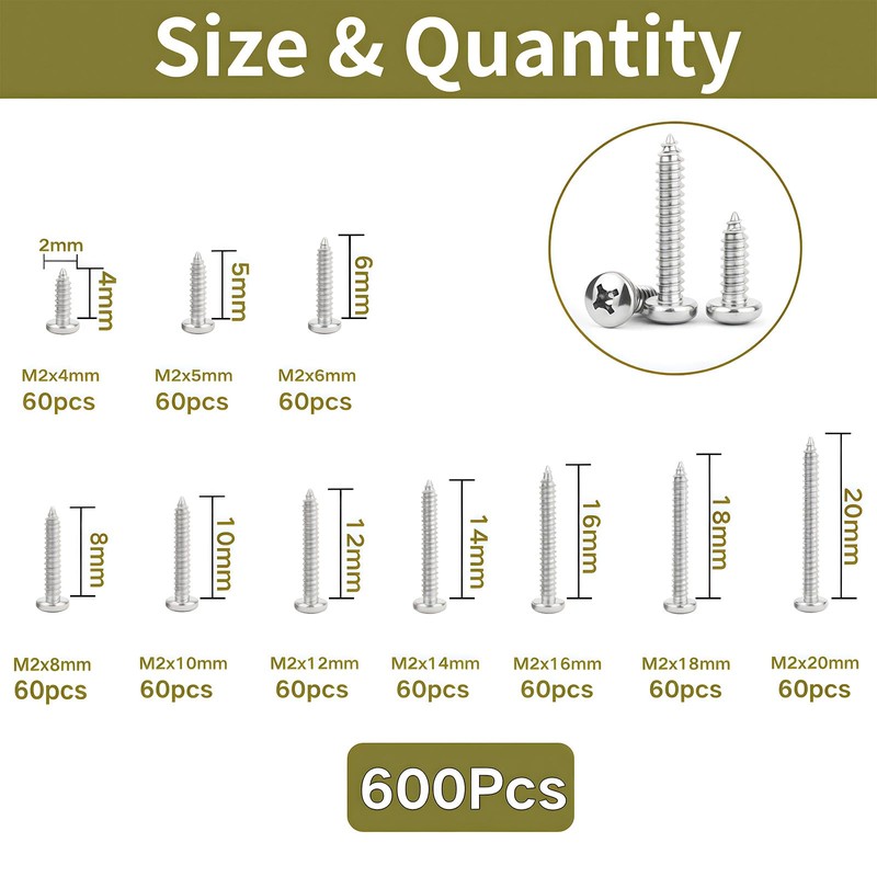 Zmbroll 600Pcs Silver M2 Pan Head Self-Tapping Screws,Phillips Cross Round