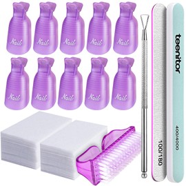 Teenitor Nail Polish Gel Remover Tools Kit with Nail Clips Nail Remover Pads Cuticle Pusher Nail Brushes Nail File Grits 120/180 Buffer Block Grits 400/4000, 6 Pack Purple | Teenitor