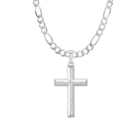 Silver Shoppe Jewelry Mens Sterling Silver Diamond Cut Cross Pendant 5mm Italian Figaro Chain Necklace - 120-24