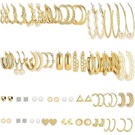 Musedimall Multipack Golden Statement Earring Set Includes Pearl Earrings, Piercing Small Stud Earrings, Hoop Earrings, Acrylic Hypoallergenic Earrings for Gift or Daily Clothing Suitable, Zinc,