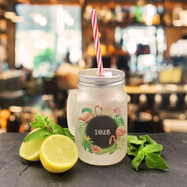 Printplanet Drinking Glass with Handle and Straw – TM) Printed with Name Layout Tropical – Handle, Frosted Glass with Lid and Straw