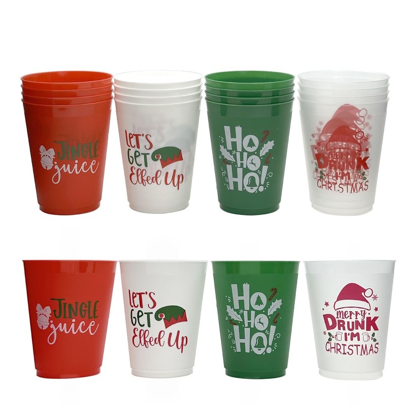 Cosiesnest 12Pcs Reusable Christmas Plastic Cups 450ML Red Party Cup
