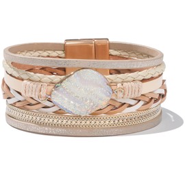 FANCY SHINY Braided Leather Bangle Bracelets Boho Resin Stone Wrap Bracelets Stackable Cuff Bracelets with Magnetic Clasp for Women(Gold)