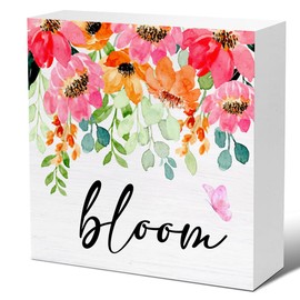 Spring Decor - Spring Floral Decorations - Bloom Flowers Wooden Decorative Sign - Home Decor for Desk Table Shelf 5 x 5 Inches