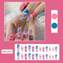 FIEONCIY Press on Nails Coffin Long Glossy Full Cover Acrylic Extra Long Square False Nails with Clouds Designs Artificial Ballerina Fake Nails with Charm Glue Stick on Fingernails for Women Girls