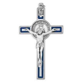 Venerare Marian Crucifix Pendant with Miraculous Medal and Blue Enamel (Silver)