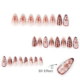 Flower Press on Nails Medium Almond Fake Nails Marble Cracks Artificial False Nails Gold Rhinestones Design Acrylic Nails Brown Glue on Nails Reusable Stick on Nails for Women Girls Manicure 24Pcs