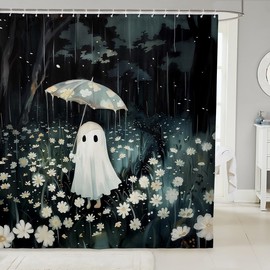 Manfei - Cortinas de ducha de fantasma, para Halloween, lluvioso, cortina de baño de selva, flores blancas, diseño de margaritas, naturaleza, pintura, juego de decoración de baño con 12 ganchos para