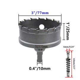 Rannb 3"/77mm Carbide Hole Saw Metal Steel Hole Cutter for Stainless Steel, Metal, Mild Steel