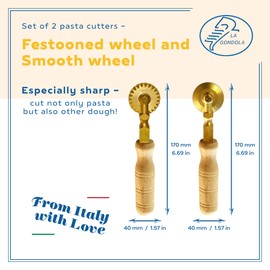 La Gondola Set of 2 Homemade Pasta Cutters - Festooned & Smooth Wheels | Pasta Making Tools for Home & Business | Brass & Natural Wood | Easy to Use Pasta Cutting Tools | Ravioli Cutters Made in Italy