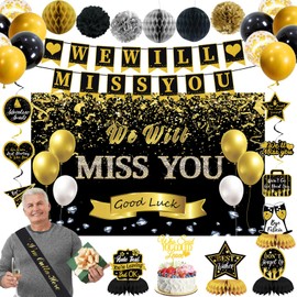 Trgowaul Black Gold Farewell Party Decorations Supplies, Black Gold We Will Miss You Banner, Farewell Decorations Party, We Will Miss You sash&cake topper, Going Away Retired Hanging Decoration Set