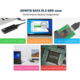 ADWITS USB 3.2 5Gbps UASP to M.2 SATA SuperSpeed Adapter, External Enclosure Case Compatible with SATA-based 2230/2242/2260/2280 Key B or B&M SSD - Black