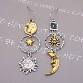 Zeshimb Boho Sun Moon Star Dangle Earrings Asymmetric Sun Moon Face Drop Earrings Mismatch Sunshine Crescent Hook Earrings Geometric Round Square Statement Earrings Celestial Jewelry for Women, Zinc,