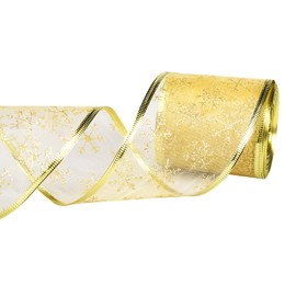 XNHIU 4 Rolls 2-1/2 Inch Wide Christmas Wired Ribbon Glitter Shiny Organza Ribbon Elk Grid Poinsettia Snowflake Ribbon for Christmas Tree Decorations Wreath Bows Gift Wrapping, Total 20 Yards (Gold)