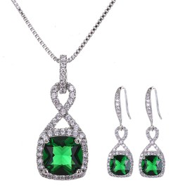 AMYJANE Emerald Jewelry Set for Women - Vintage Sterling Silver Green Square Crystal Pendant Necklace Dangle Earrings Set Infinity Jewelry May Birthstone Jewelry Set Mother's Day Prom Party