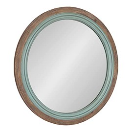 Kate and Laurel Palmer Rustic Farmhouse Round Wooden Mirror, 26 Inch Diameter, Blue and Rustic Brown, Modern Circle Decorative Wall Mirror with Paint Distressing
